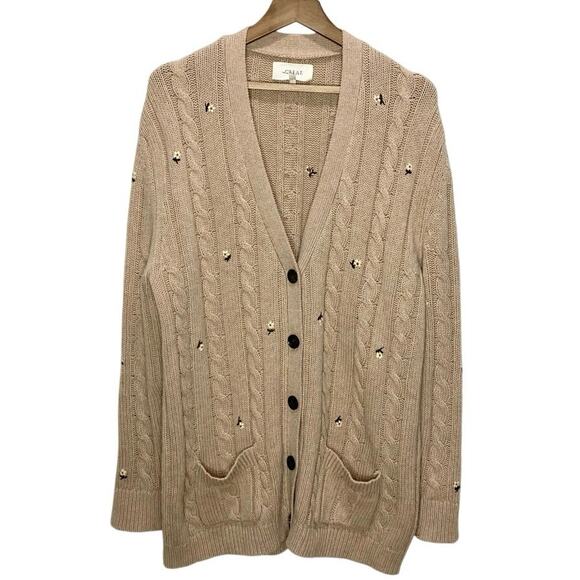 The Great. Embroidered Cable Knit Cashmere Wool Cardigan In Oatmeal XS - Picture 4 of 7